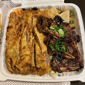 Jin’s Korean BBQ - Aloha Plate with Meat Jun and Galbi. 4 sides included. - Hawaiian Near Me - Spring Valley, Nevada