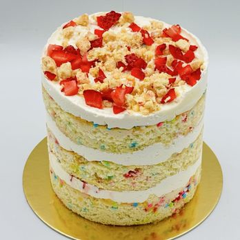Sugar Dot Bake Shop - Naked cake with strawberry filling & crunchies on top. - Desserts Near Me Sugar Dot Bake Shop - Naked cake with strawberry filling & crunchies on top. - Desserts Near Me