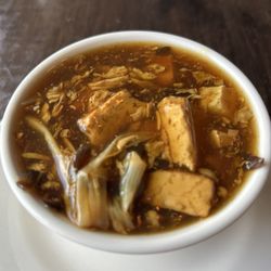 Hot and Sour Soup ... too hot... added ice cubes to prevent burning my tongue