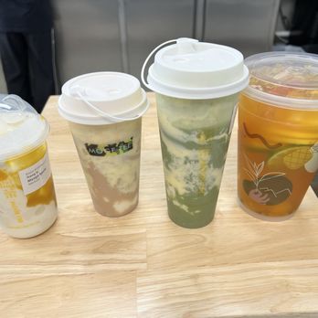 Moge Tee - Medium Mango Mochi, Medium Creme Brulee MT, Large Creme Brulee Uji Matcha and Plus size Super Fruit Green Tea - Bubble Tea Near Me - San Diego, California