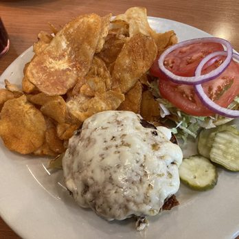 The Brass Monkey - Pub Burger with melted cheese and house-made chips - New American Near Me - Corvallis, Oregon
