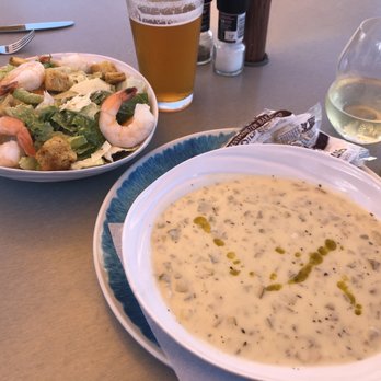 The Terrace Grille - Shrimp caesar (delicious) and bowl of clam chowder - Seafood Near Me - Bar Harbor, Maine The Terrace Grille - Shrimp caesar (delicious) and bowl of clam chowder - Seafood Near Me - Bar Harbor, Maine