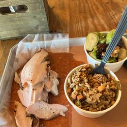 Hudson Smokehouse - Turkey meat with rice and Brussels Sprouts.