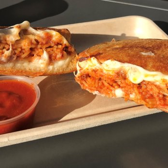 Burnt Crumbs - Inside of the Spaghetti Grilled Cheese, with extra marinara - New American Near Me - Irvine, California Burnt Crumbs - Inside of the Spaghetti Grilled Cheese, with extra marinara - New American Near Me - Irvine, California