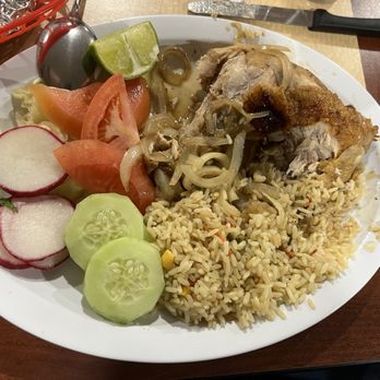 Sabor Salvadoreno - Onion chicken with rice and salad (pollo encebollado) - Salvadoran Near Me - Colorado Springs, Colorado