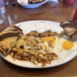 Old Glory Cafe - Chicken fried steak with sunny side up eggs