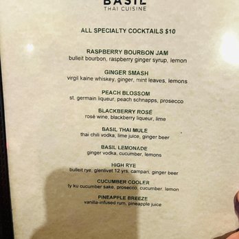 Basil - Don't expect to pay $10 for the specialty drinks. We were rudely told that we had "old menus" and now their drinks are $12-$15 . - Thai Near Me - North Charleston, South Carolina Basil - Don't expect to pay $10 for the specialty drinks. We were rudely told that we had "old menus" and now their drinks are $12-$15 . - Thai Near Me - North Charleston, South Carolina