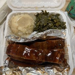 Barbecued rib dinner mashed potatoes, collard greens