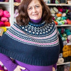 Yarnia - Owner Kathleen in her Stoneham Poncho