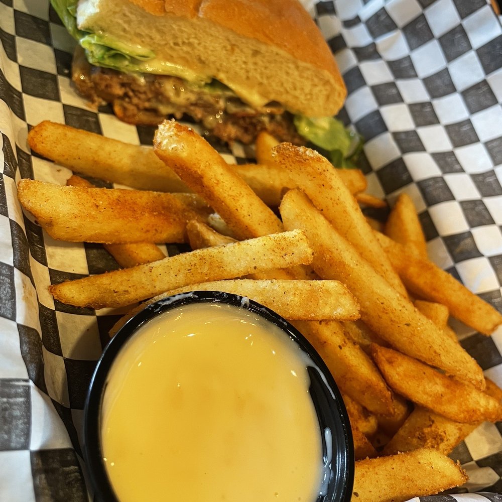 First Line Brewing - Black & Blue Burger  Back Bay Fries Beer Cheese - Breweries Near Me - Orchard Park, New York