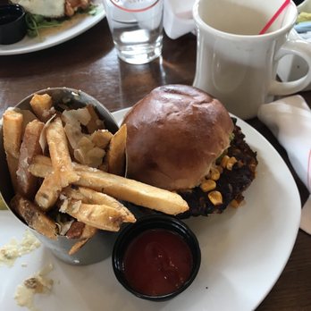 Oliver's Astoria - Black Bean Veggie Burger with Truffle Fries - New American Near Me - Astoria, New York