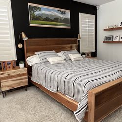 Reclaimed Wood Concepts - Bedroom group made from 100% pine pallets, headboard , footboard, float shelves and 2 night stands all from shipping pallets.