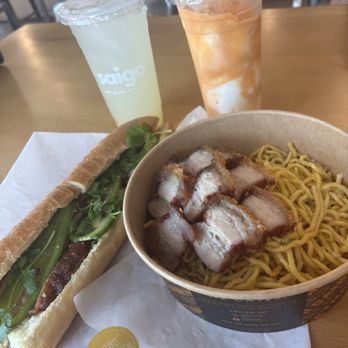 Saiga Vietnamese Eatery - Bbq Chicken Banh Mi & Coconut Thai Tea (Blended)& Garlic Noodles with Pork Belly & Lychee Lemonade - Vietnamese Near Me - Orange, California