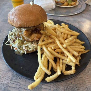 Avanti Food & Beverage - CO Hot Chicken Sandwich w/ Regular Fries (Knockout Burgers) - Bars Near Me - Denver, Colorado Avanti Food & Beverage - CO Hot Chicken Sandwich w/ Regular Fries (Knockout Burgers) - Bars Near Me - Denver, Colorado