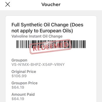 Valvoline Instant Oil Change - My Groupon voucher which i still was charged another 35.00 - Oil Change Stations Near Me - Martinez, California Valvoline Instant Oil Change - My Groupon voucher which i still was charged another 35.00 - Oil Change Stations Near Me - Martinez, California