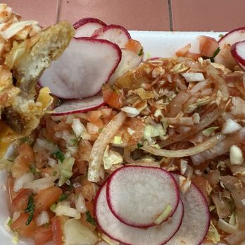 Mercado Gonzalez - Chivas Torta. Potato Tacos. 2-3 with free salsa, radishes, and jalapeños. Squeeze lemon and hot sauce.  Yummy! - Mexican Near Me - Costa Mesa, California