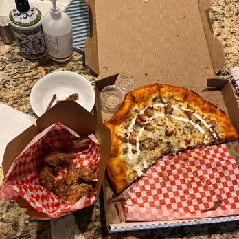Hello Pizza - Left soy sauce chicken wings / right sweet potato cheese crust golden potato pizza - Pizza Near Me - La Canada Flintridge, California
