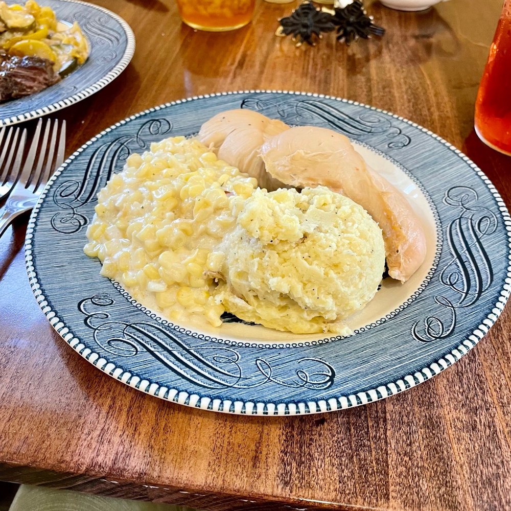Honeysuckle Hill Bee-stro - Chicken breast with mashed potatoes and creamy corn. - Desserts Near Me - Brazil, Indiana
