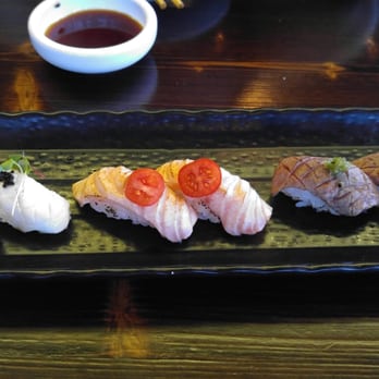 KA Sushi - Wagyu beef on the right, salmon in the middle and escolar on the left. - Japanese Near Me - Houston, Texas