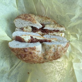 Main Street Bagel Cafe - Garlic bagel with bacon, egg, and cheese. - Bagels Near Me - Sacramento, California