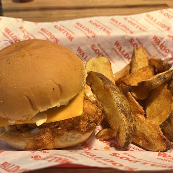 Waldo's Chicken & Beer - Fowl Mouth sandwich and potato wedges - Chicken Shop Near Me - Mountain Brook, Alabama Waldo's Chicken & Beer - Fowl Mouth sandwich and potato wedges - Chicken Shop Near Me - Mountain Brook, Alabama