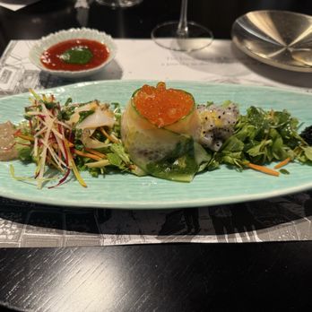 POGU - Fish salad with crab innards, caviar, red bean chili and spinach aioli. - Korean Near Me - Daly City, California POGU - Fish salad with crab innards, caviar, red bean chili and spinach aioli. - Korean Near Me - Daly City, California