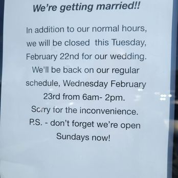 Tipsy Chef Café - Congrats to the owners (she the chef, he front of house) on their wedding! Sweet, isn't it, for the "sorry for inconvenience..." note? - Breakfast & Brunch Near Me - Meridian, Idaho Tipsy Chef Café - Congrats to the owners (she the chef, he front of house) on their wedding! Sweet, isn't it, for the "sorry for inconvenience..." note? - Breakfast & Brunch Near Me - Meridian, Idaho