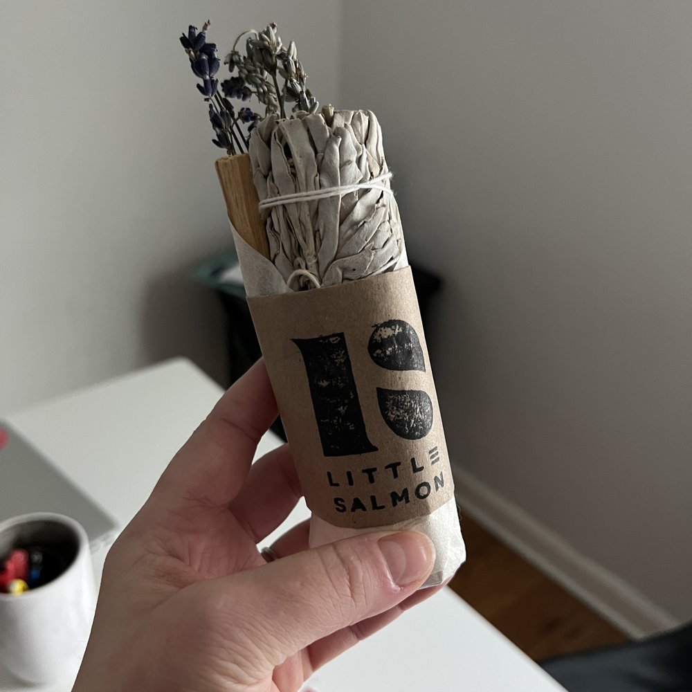 Sage and palo santo bundle with lavender. The sage gets the negative energy out, and palo santo invites positive energy back in! $11.50.