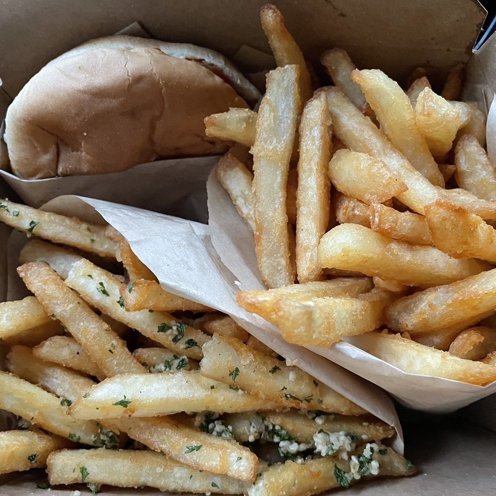 A+ Burger - Kids Kid's Cheeseburger with fries and an order of garlic fries - Burgers Near Me - Oakland, California A+ Burger - Kids Kid's Cheeseburger with fries and an order of garlic fries - Burgers Near Me - Oakland, California