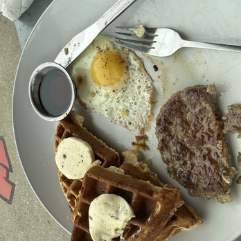 Commune - Cornbread waffles with pork sausage & sunny egg - Cafes Near Me - Virginia Beach, Virginia