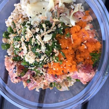 Pokeworks - 1/2 salmon, 1/2 tuna spicy pokebowl with toppings. - Hawaiian Near Me - Mountain View, California Pokeworks - 1/2 salmon, 1/2 tuna spicy pokebowl with toppings. - Hawaiian Near Me - Mountain View, California