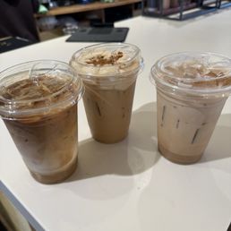 Caramelized banana latte, whipped cookie butter latte and nitro chai Caramelized banana latte, whipped cookie butter latte and nitro chai