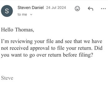 Frederiksen-Crawford - Steven over a month later saying we haven't approved filing the return (after my email on paying the IRS) - Accountants Near Me - Corte Madera, California
