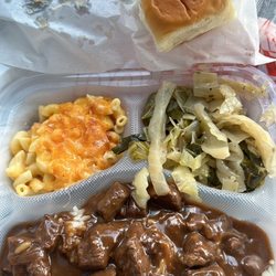 Bre's Gourmet Restaurant and Catering - Beef tips & rice, Mac & cheese, Cabbage