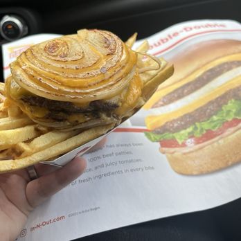 In-N-Out Burger - Flying Dutchman with onion on the sides. - Fast Food Near Me - Rancho Cucamonga, California In-N-Out Burger - Flying Dutchman with onion on the sides. - Fast Food Near Me - Rancho Cucamonga, California