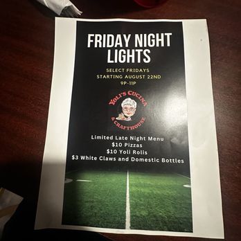 Yoli's Cucina and Crafthouse - Friday Night Lights Menu - August 2025 - Italian Near Me - Jefferson Hills, Pennsylvania