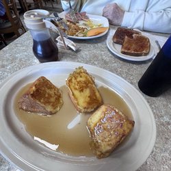 Angel food cake French toast and egg combo with hasbrowns and toast