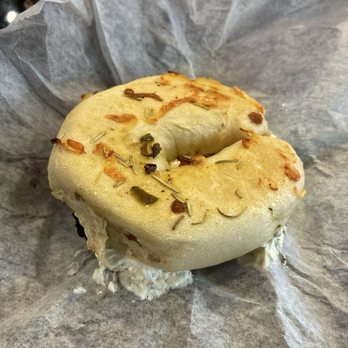 Bagel Factory - Jalapeño cheddar bagel with garlic and herb cream cheese - Bagels Near Me - Pittsburgh, Pennsylvania