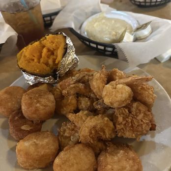 Catfish Deweys - Fried scallops and shrimp with sweet potato and grits - Seafood Near Me - Oakland Park, Florida Catfish Deweys - Fried scallops and shrimp with sweet potato and grits - Seafood Near Me - Oakland Park, Florida