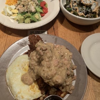 Whiskey Cake - Smoked Chopped Chicken Salad (top left), Brussel Sprouts (top right), and Chicken & Waffle (bottom) - New American Near Me - Oklahoma City, Oklahoma Whiskey Cake - Smoked Chopped Chicken Salad (top left), Brussel Sprouts (top right), and Chicken & Waffle (bottom) - New American Near Me - Oklahoma City, Oklahoma