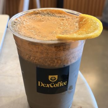 Dex Coffee - Iced orange hojicha einspanner - Coffee & Tea Near Me - Fountain Valley, California