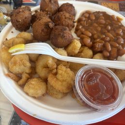 Fried popcorn shrimp, Baked Beans, and Hush Puppies Fried popcorn shrimp, Baked Beans, and Hush Puppies