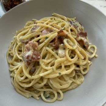 La Piazza the Grove - Spaghetti carbonara. Very tasty, nice chunks of pancetta. - Italian Near Me - Los Angeles, California La Piazza the Grove - Spaghetti carbonara. Very tasty, nice chunks of pancetta. - Italian Near Me - Los Angeles, California