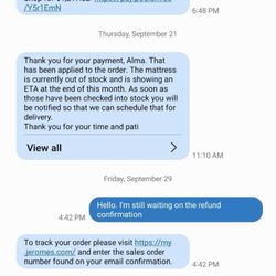 Jerome's Dream Shop Mattress - Downey - My texts to the mattress store showing their lack of follow through. Where Bryan supposedly refunded my order but only cancelled it.