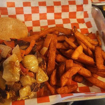 BrewBurgers Back Porch - Veggie burger NO CHEESE with onions and side of fries - Burgers Near Me - Venice, Florida