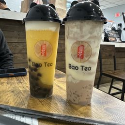 Mango Slush with boba, Crème Brûlée Milk Tea with coconut jelly. Mango Slush with boba, Crème Brûlée Milk Tea with coconut jelly.