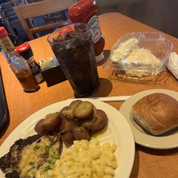 Bacon cheese steak, red potatoes and Mac and cheese