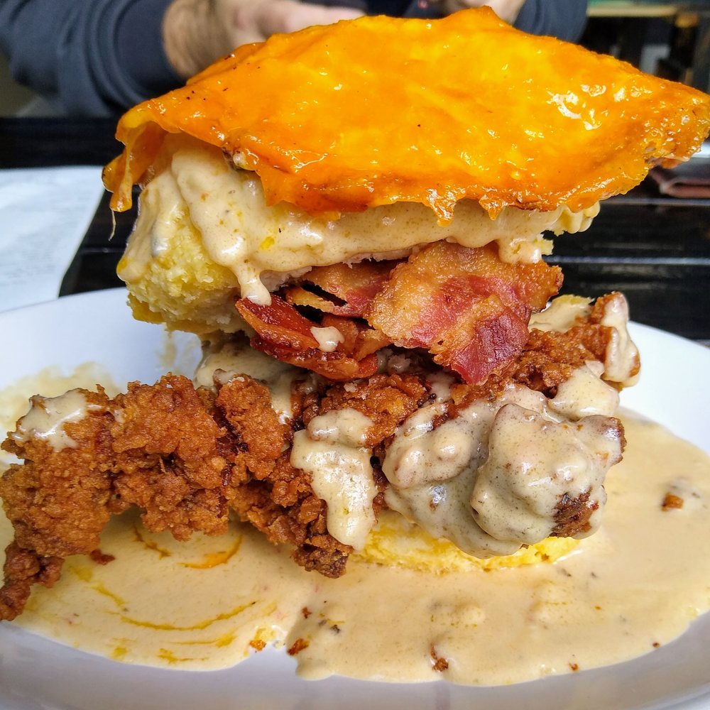 Fried egg, cheese, chicken, bacon and mushroom gravy