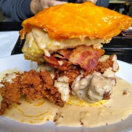 Fried egg, cheese, chicken, bacon and mushroom gravy