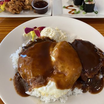 Back Home In Lahaina - Top left: Lahaina Fried Chicken, top right: Spam Musubi Bottom: Loco Moco - Hawaiian Near Me - Carson, California
